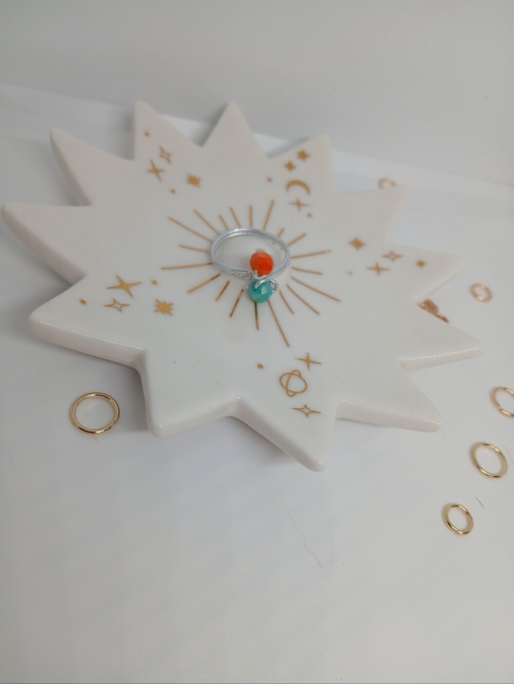 Beautiful Hand-made Silver Wire Ring with Orange and Teal Beads